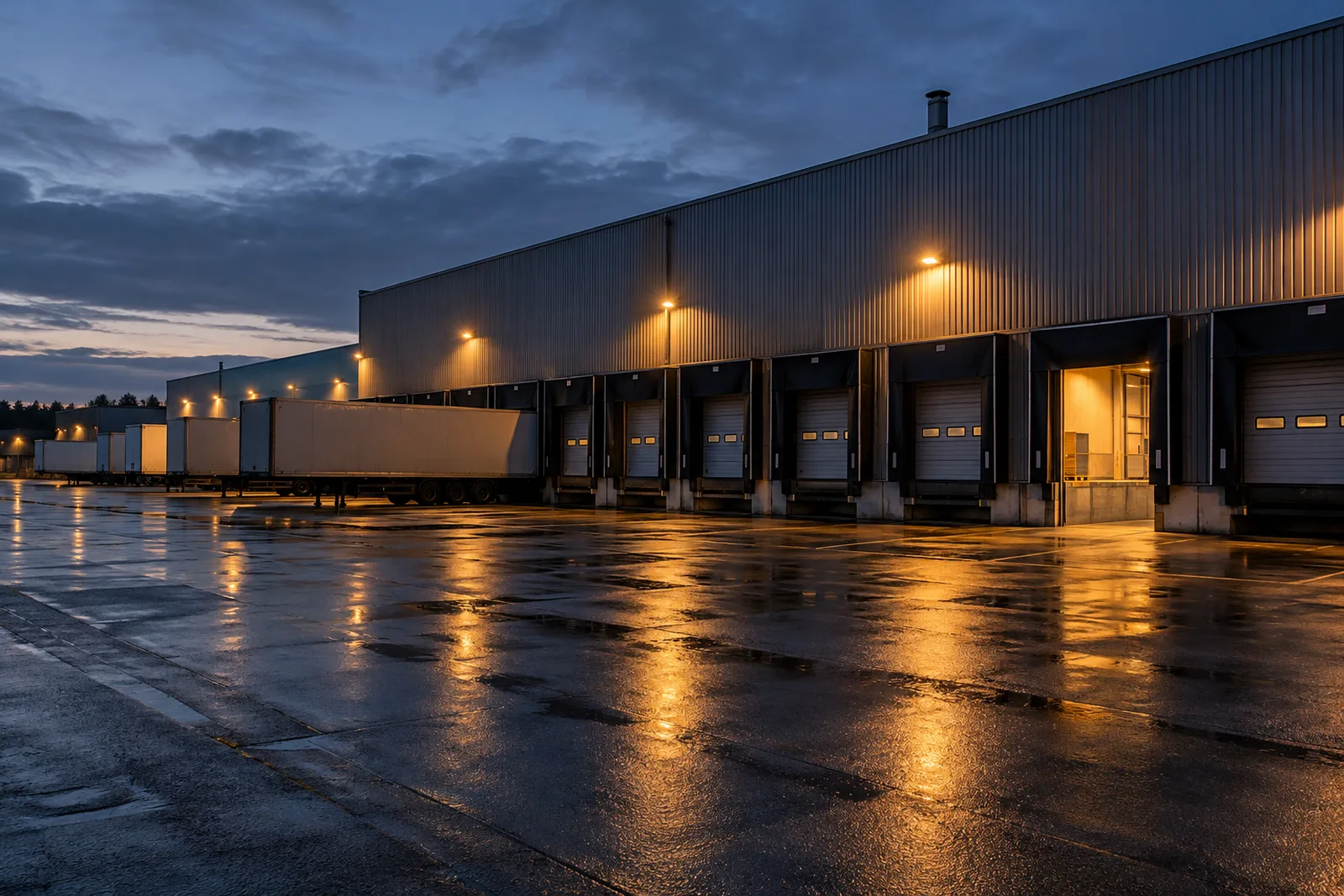 Logistikhalle aus den 1980er Jahren in der Abenddämmerung: Sanierungspflicht Nichtwohngebäude ab 2030 nach § 40 GModG, gewerbepass®