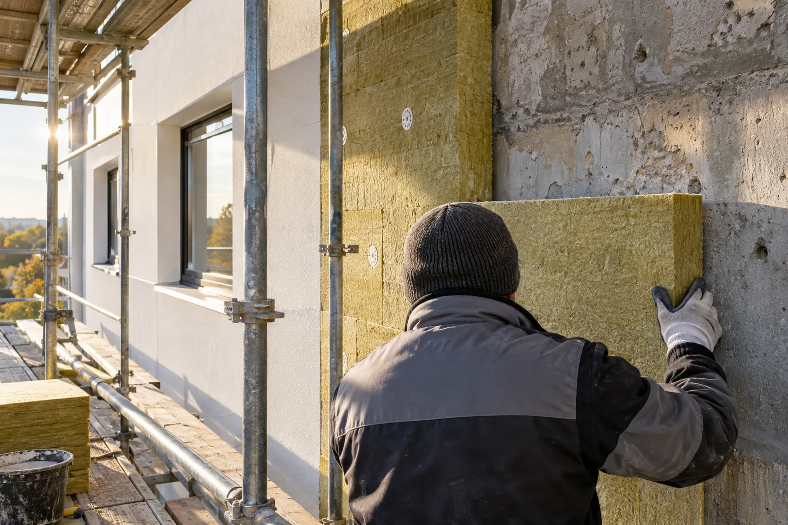 Gewerbegebäude mit Gerüst, Dämmplatten werden an die Fassade gesetzt: Sanierung statt Rechenaufwand beim Energieausweis Nichtwohngebäude 2027, gewerbepass®
