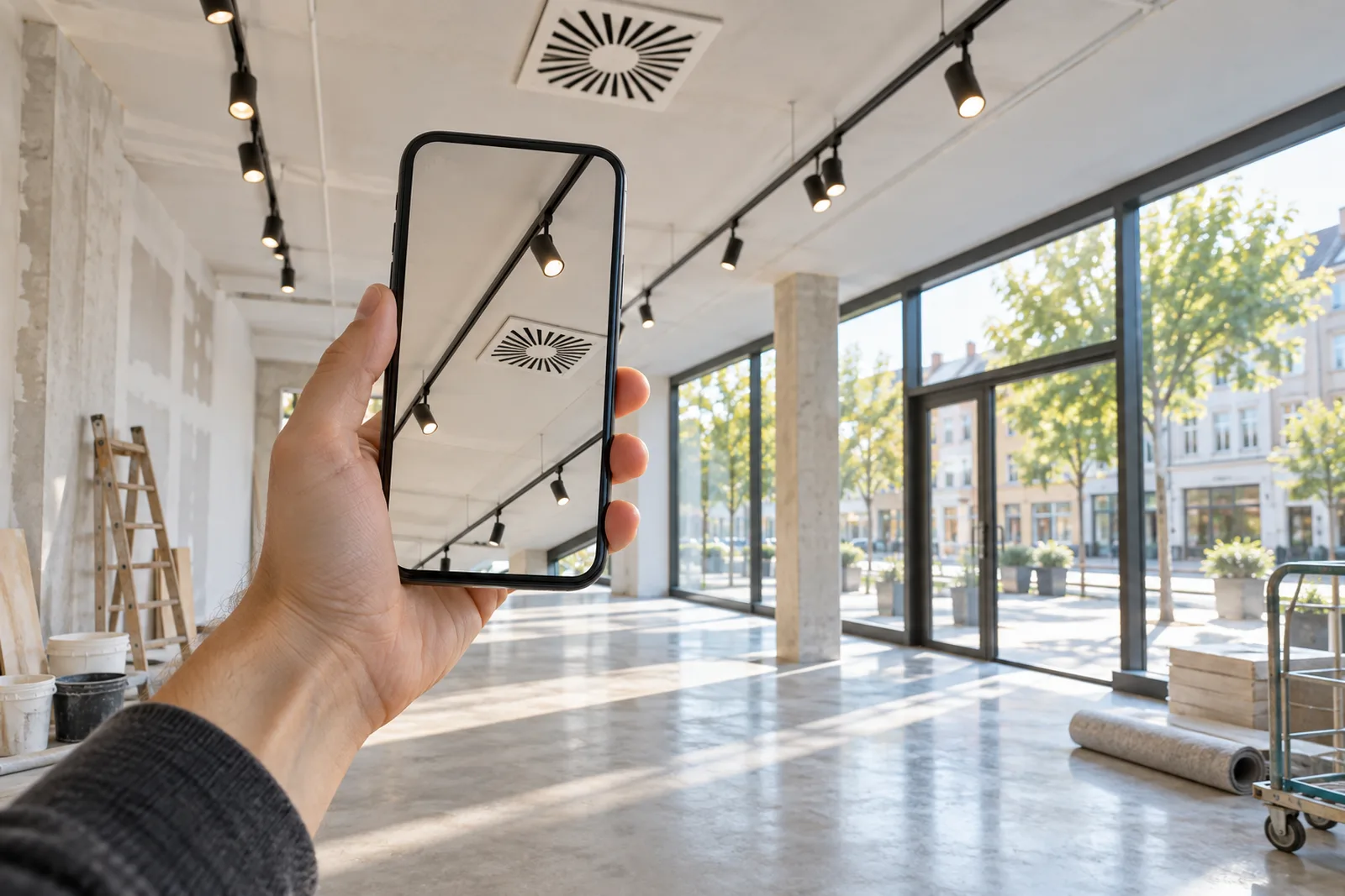 Ladenfläche wird per Smartphone fotografiert: Datenaufnahme für den Bedarfsausweis Gewerbe per Foto statt Termin, gewerbepass®