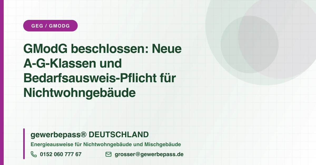 GModG beschlossen: Neue A-G-Klassen und Bedarfsausweis-Pflicht für Nichtwohngebäude, gewerbepass DEUTSCHLAND, Tel. 0152 060 777 67