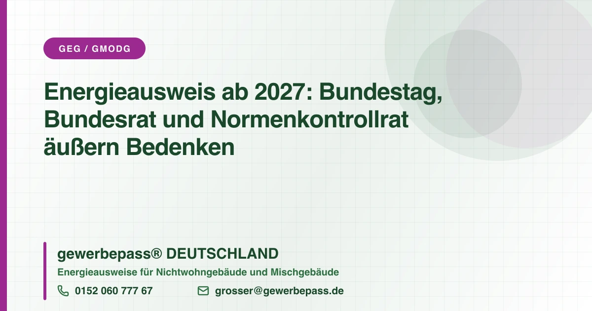 Kritik am Energieausweis ab 2027: Plenarsaal und Gesetzesdrucksachen zum Gebäudemodernisierungsgesetz, Bedenken von Bundestag, Bundesrat und Normenkontrollrat, gewerbepass® DEUTSCHLAND
