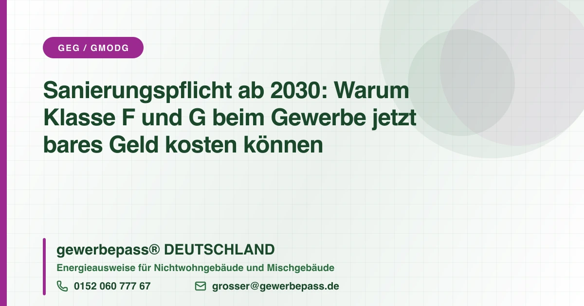 Sanierungspflicht ab 2030: Warum Klasse F und G beim Gewerbe jetzt bares Geld kosten können, gewerbepass DEUTSCHLAND, Tel. 0152 060 777 67